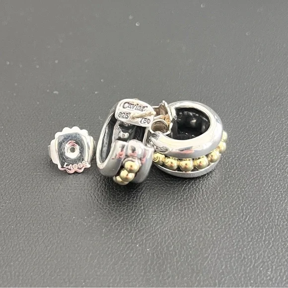 Lagos 925 Sterling Silver and 18kt Yellow Gold ‘Caviar’ Layered Hoop Earrings - Picture 6 of 10